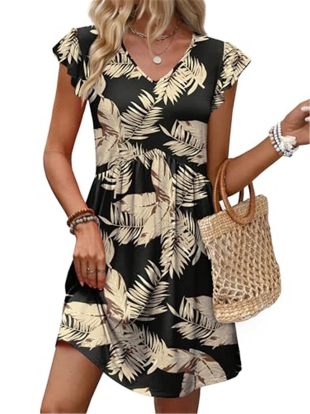 V Neck Ruffle Sleeve Babydoll Sundress Empire Waist Beach Vacation Mini Dress